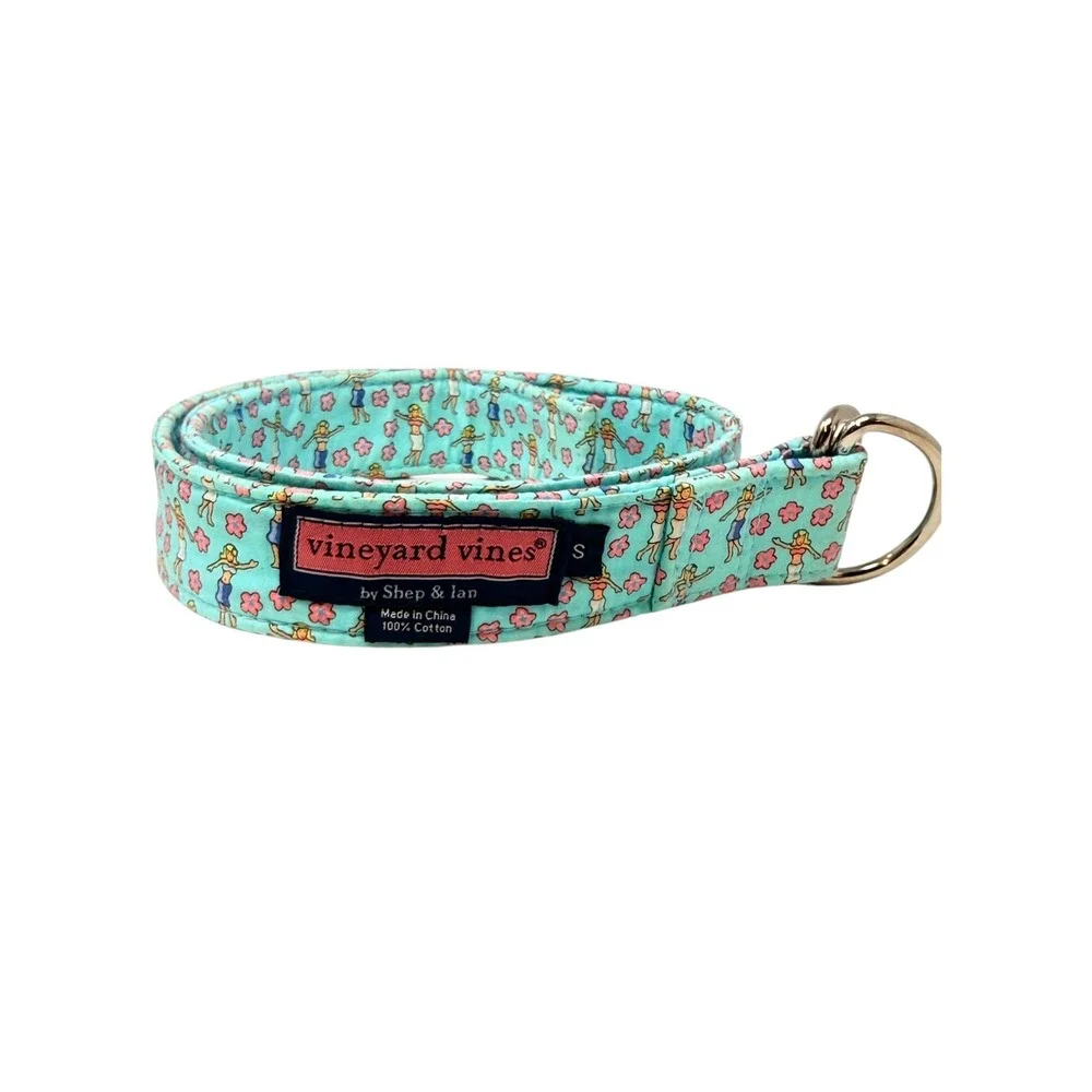 Vineyard Vines Womens Hula Girl Hibiscus D-Ring Belt Turquoise Blue Cotton Small